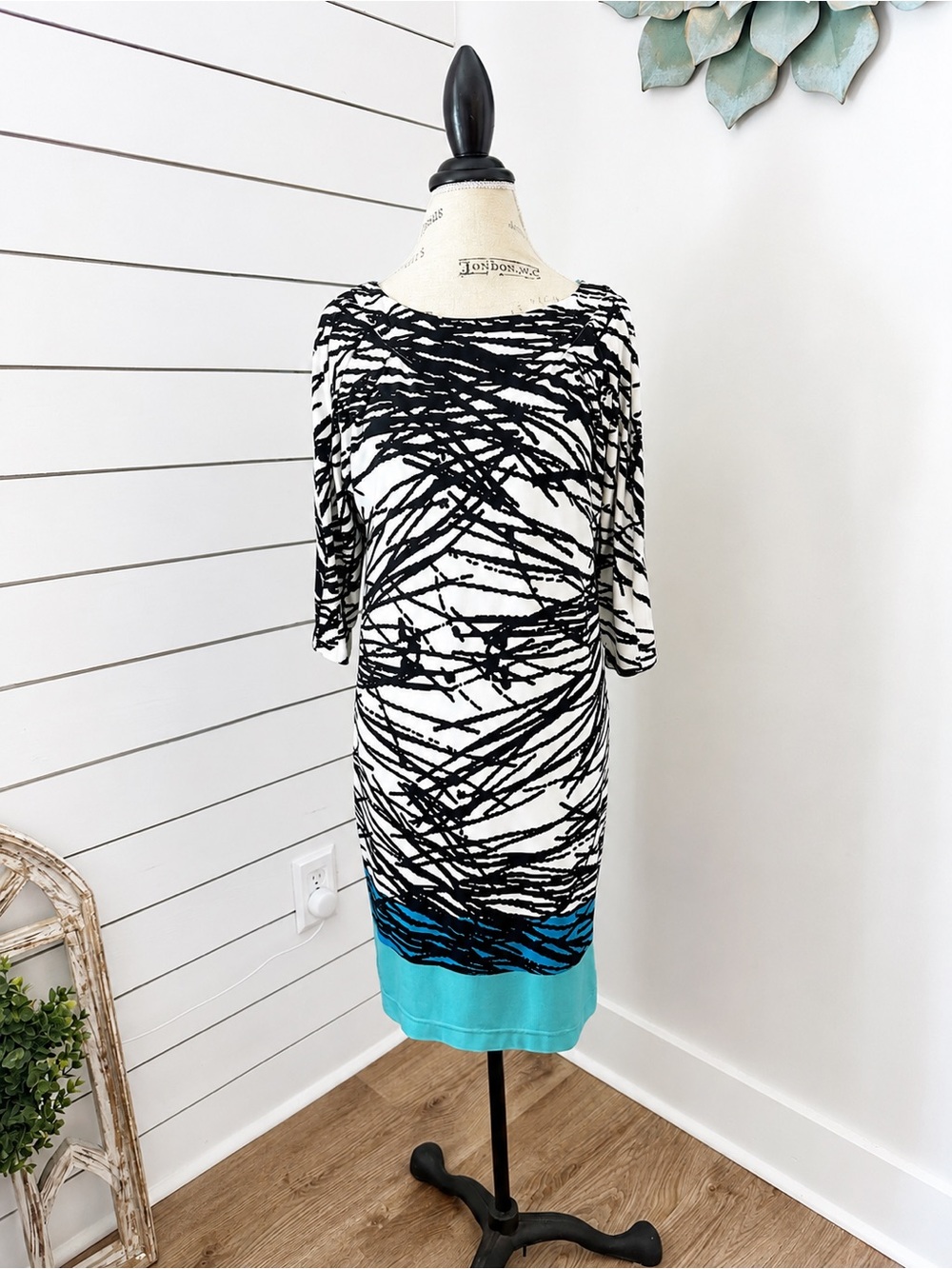Adrianna Papell Size 10 Abstract Print 3/4 Sleeve Sheath Dress Turquoise Black